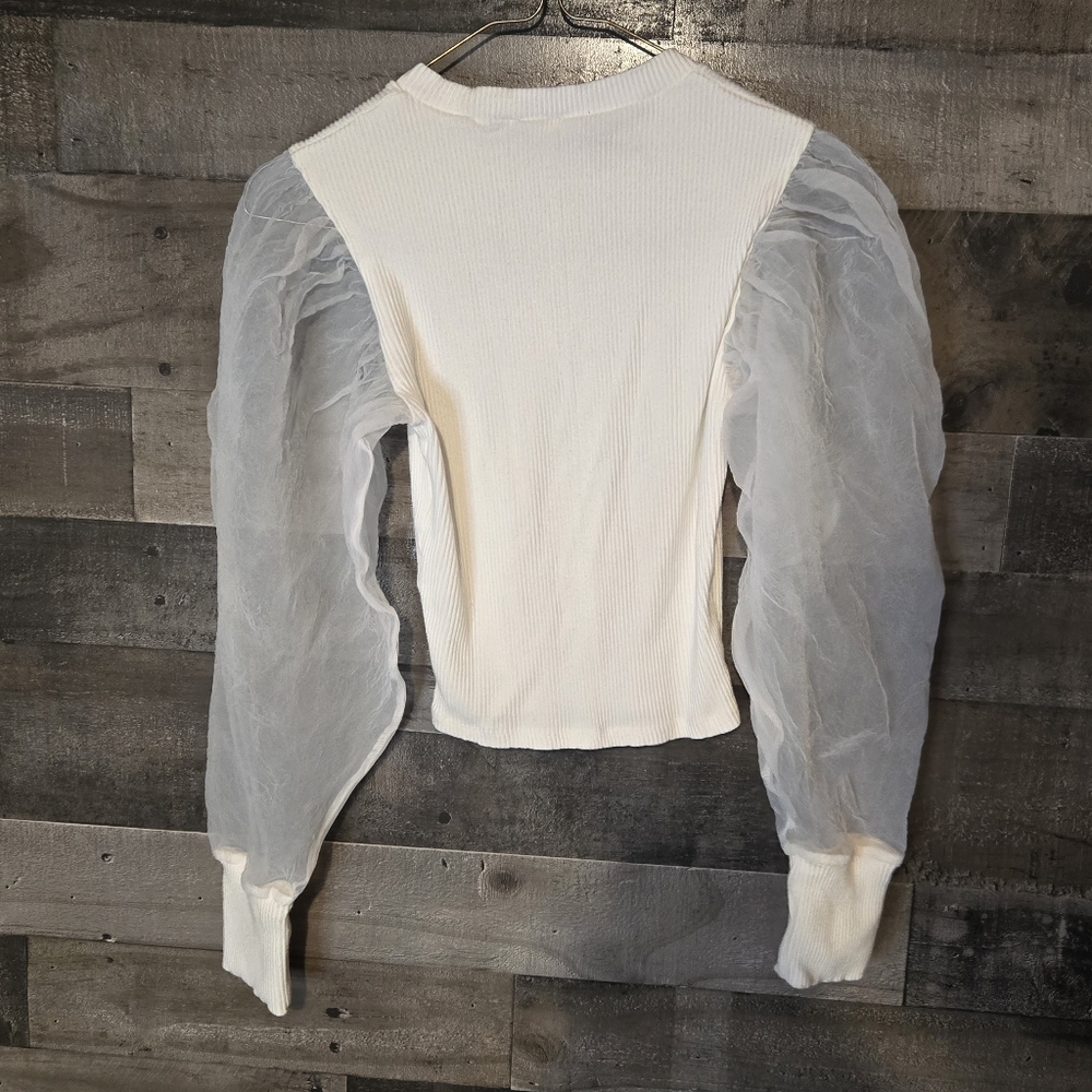 Zara Cream Ribbed Top with Sheer Puff Sleeves - Picture 5 of 5